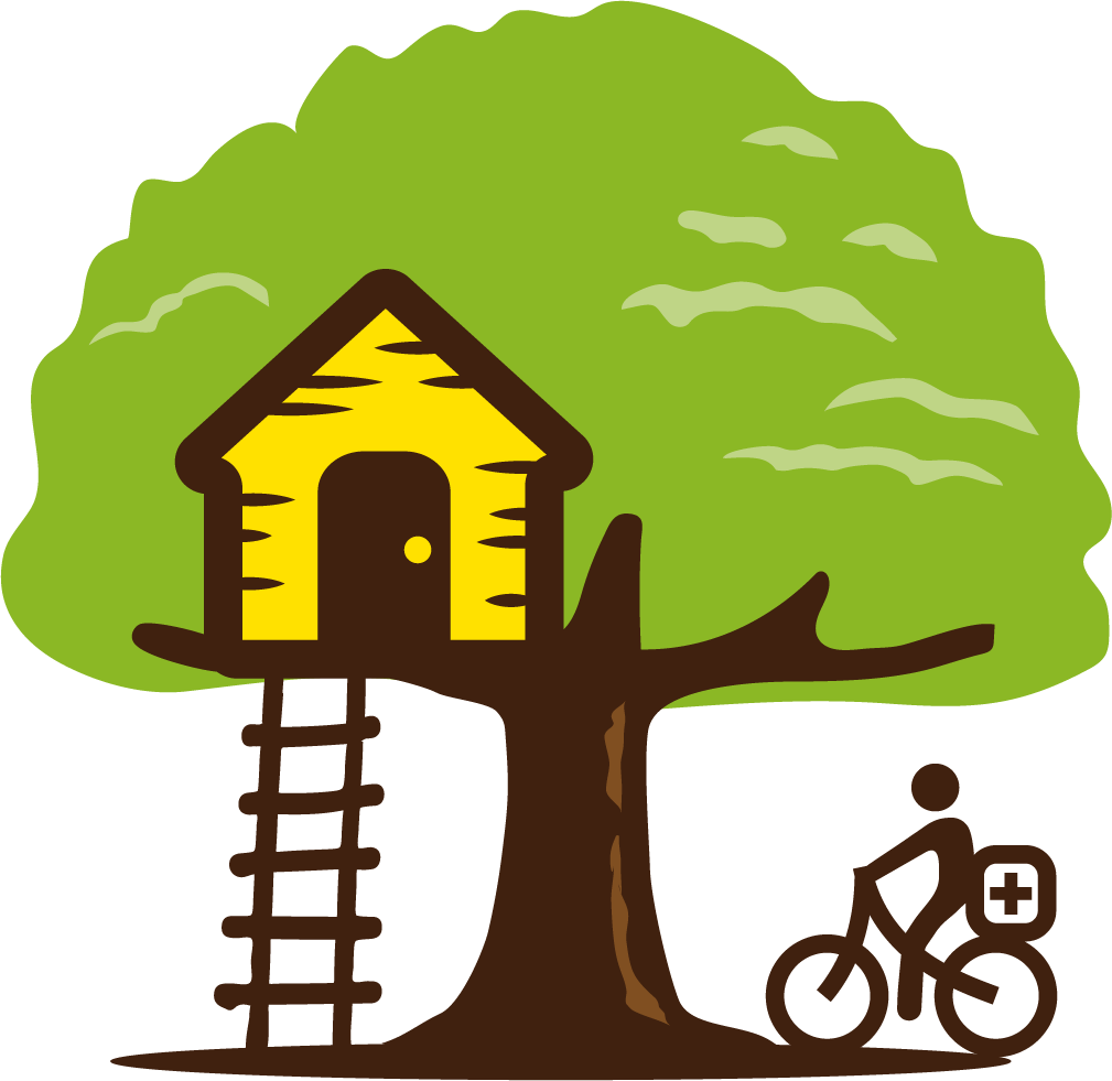 Logo de Mon pédiatre à domicile, avec un arbre avec une maison ds l’arbre et un vélo